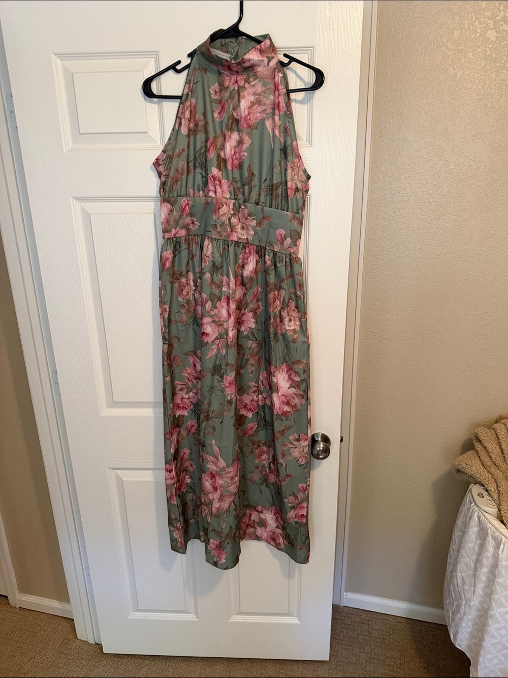 Green Floral Halter Midi Dress with Pink Blooms